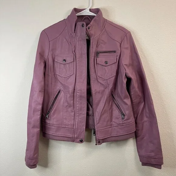 Womens Mauve Faux Leather Jacket With Zipper Pockets & Snap Closures Size S - Picture 2 of 10
